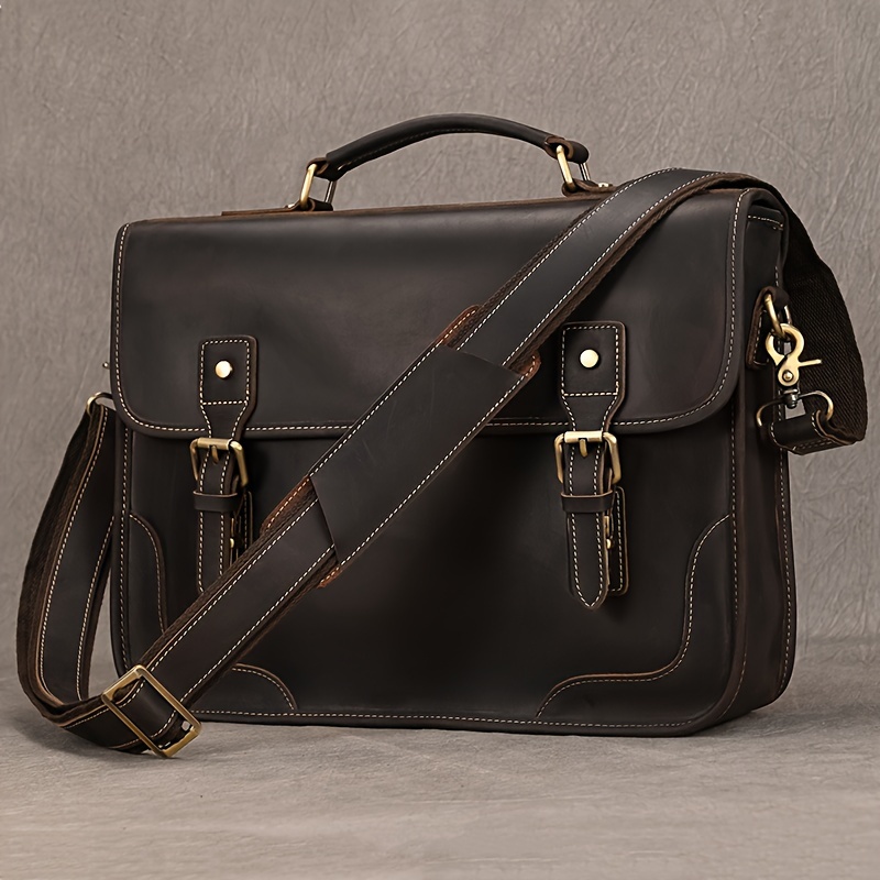 Men s Genuine Cowhide Leather Briefcase, Flap Laptop Bag, Crazy Horse Leather Shoulder Business Bag, Cowhide Messenger Bag details 1