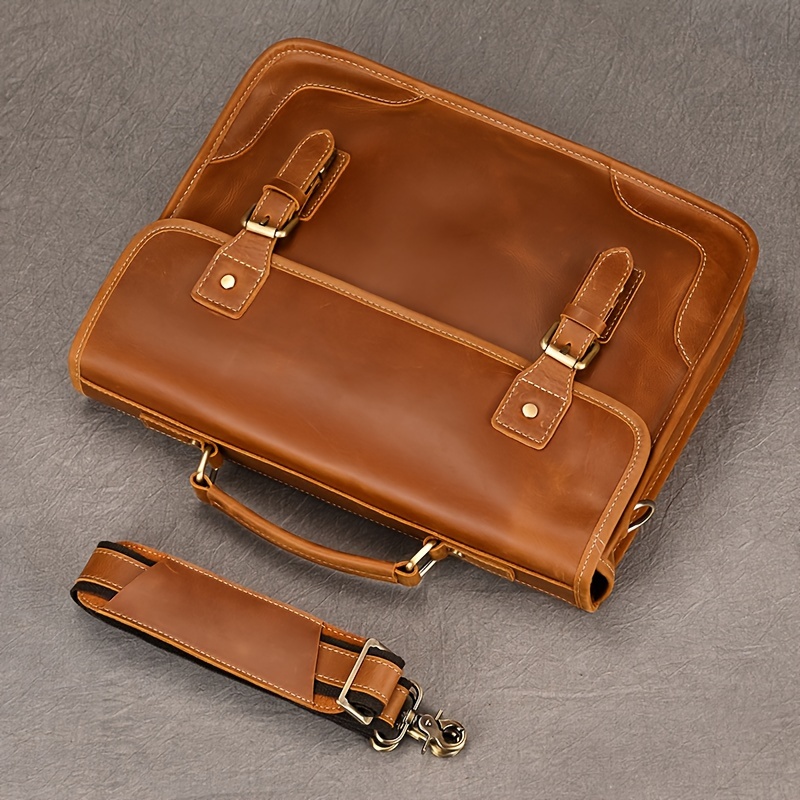 Men s Genuine Cowhide Leather Briefcase, Flap Laptop Bag, Crazy Horse Leather Shoulder Business Bag, Cowhide Messenger Bag details 3