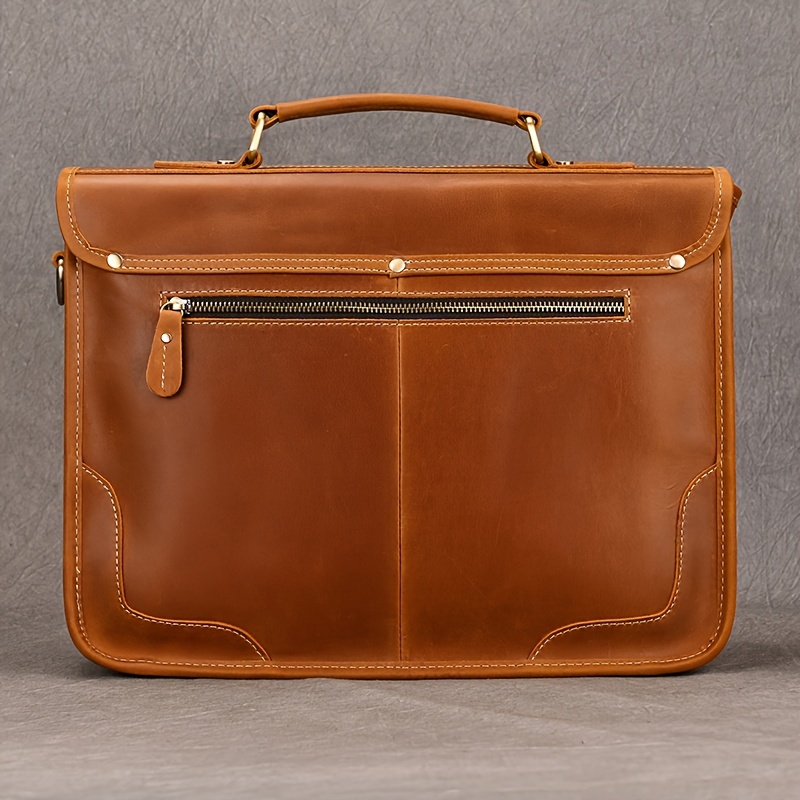 Men s Genuine Cowhide Leather Briefcase, Flap Laptop Bag, Crazy Horse Leather Shoulder Business Bag, Cowhide Messenger Bag details 4