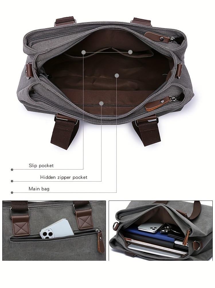 1pc Canvas Bag Handbag, Solid Color Shoulder Messenger Bag, Multi Functional Travel Portable Tote Bag, Computer Bag Briefcase details 7