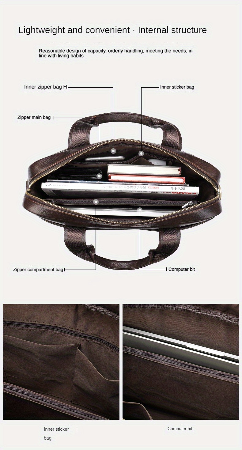 1pc vintage genuine leather laptop computer bag business commuter briefcase for official business trip mens genuine leather handbag simple dark brown bag details 1