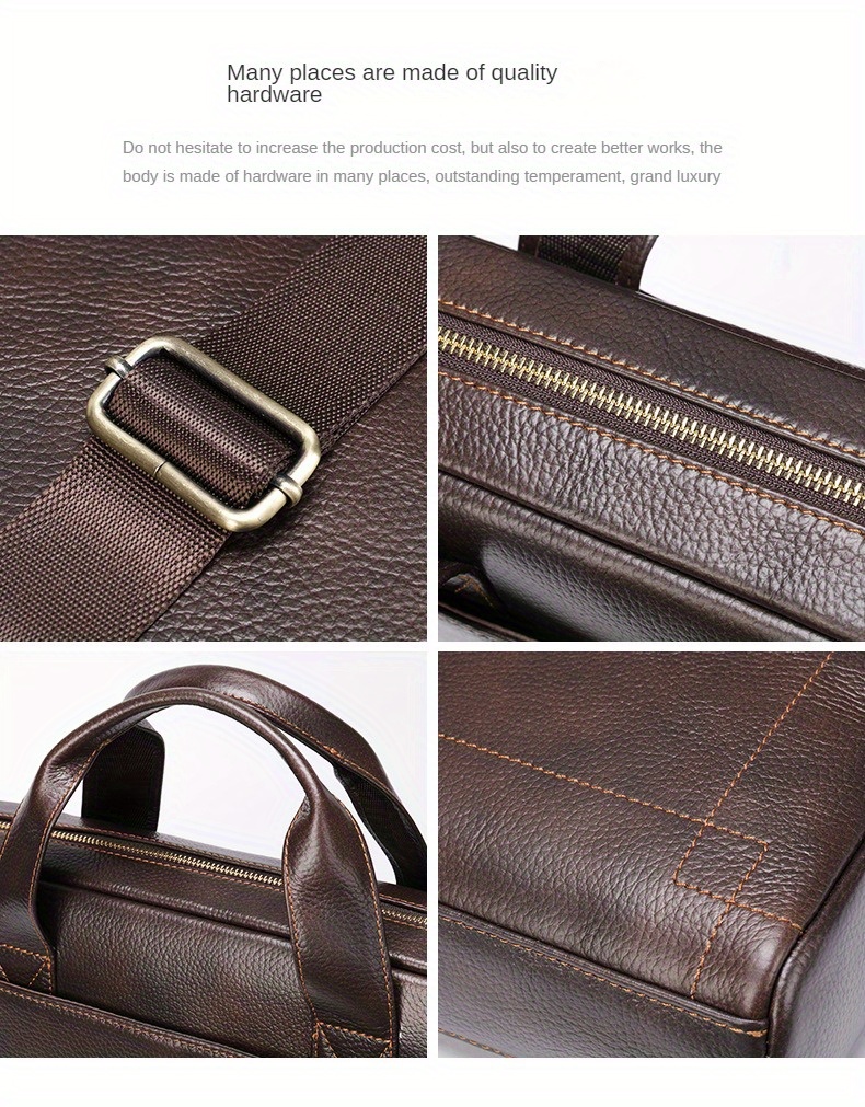 1pc vintage genuine leather laptop computer bag business commuter briefcase for official business trip mens genuine leather handbag simple dark brown bag details 3