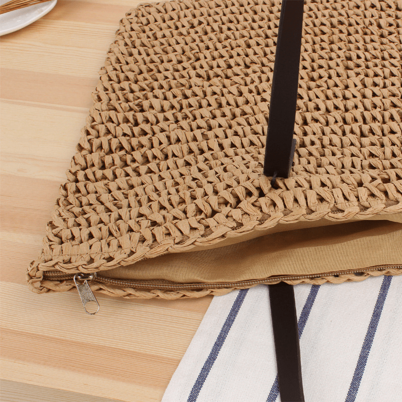 new large capacity casual straw bag, new large capacity casual straw bag solid color hand woven bag details 2