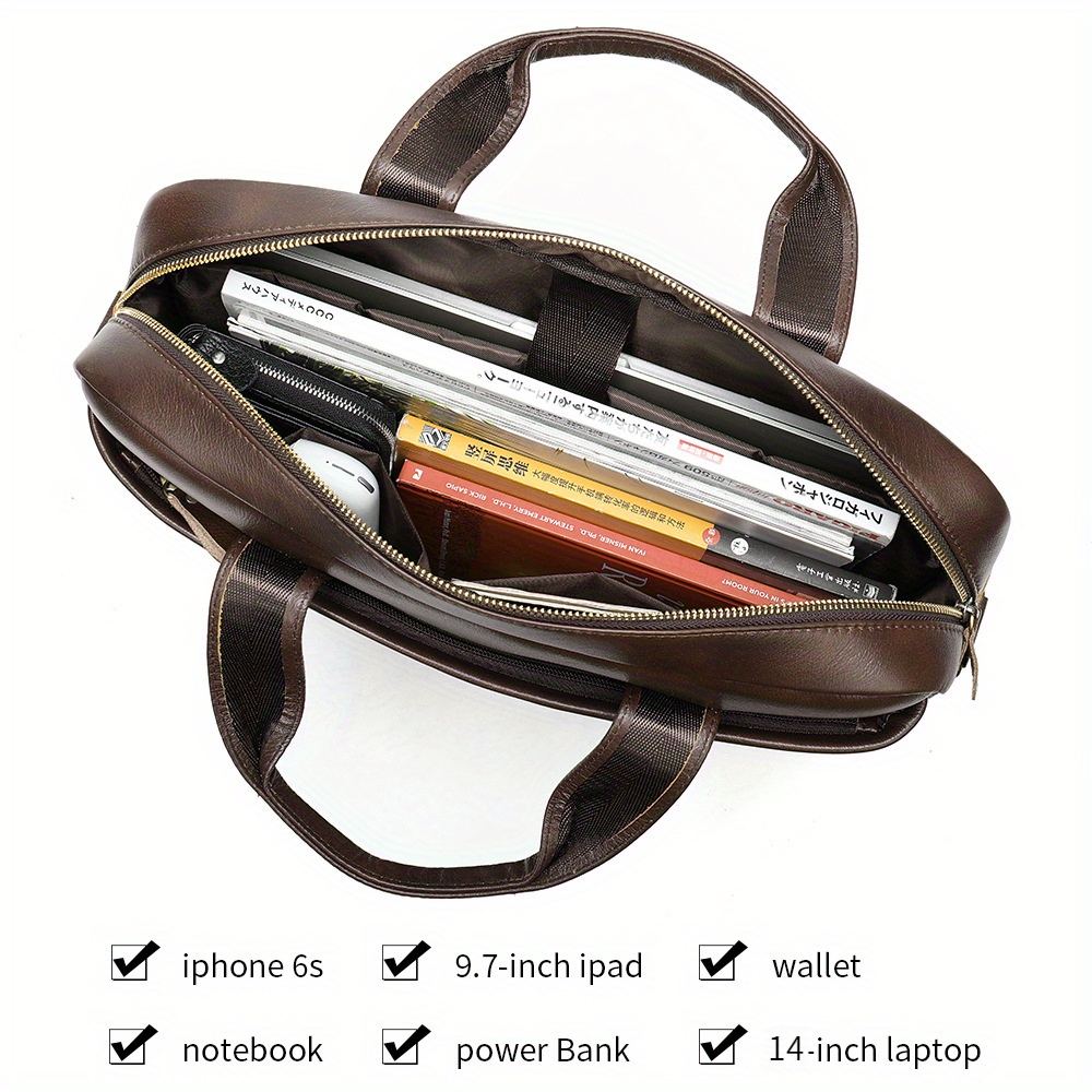 briefcase, 1pc business mens briefcase genuine leather retro computer handbag business trip briefcase for daily use commuter crossbody bag simple brown bag fits for 14inch laptop details 1