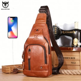 Men's Chest Front Bag Trendy Genuine Leather Multifunctional Shoulder Messenger Bag Outdoor Casual Large Capacity Satchel Bag