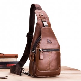 Men's Large Capacity Leather Chest Bag, Head Layer Cowhide Chest Bag, Retro Casual Style Shoulder Bag
