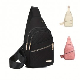 1pc Men's Argyle Quilted Chest Backpack, Casual Nylon Chest Bag, Outdoor Travel Crossbody Bag With Earphone Hole