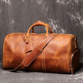1pc Men's Genuine Leather Handbag, Vintage Luggage Bag, Top Layer Cowhide Crossbody Bag, Large Capacity Duffle Bag, Fitness Bag Short-distance Travel Bag For Husband's Christmas Gift