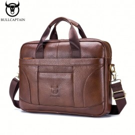 BULLCAPTAIN Men's Genuine Leather Large Capacity Business Briefcase Messenger Bag Handbag For Travel Work Office Computer Crossbody Bag Top Layer Cowhide Durable Shoulder Pack