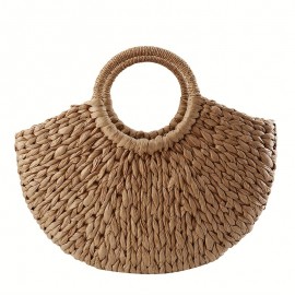 Casual Semicircle Straw Woven Handbag, Handmade Rattan Woven Basket