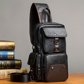 Vintage Multi Pocket Sling Bag, Solid Color Textured Crossbody Bag With Mini Credit Card Case