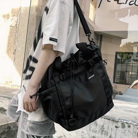 Large Capacity Casual Messenger Bag, Solid Color Nylon Drawstring Shoulder Bag, All-Match Crossbody Bag