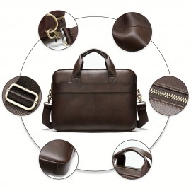 1pc Business Men's Briefcase, Genuine Leather Retro Computer Handbag, Business Trip Briefcase For Daily Use, Commuter Crossbody Bag, Simple Brown Bag, Fits For 14inch Laptop