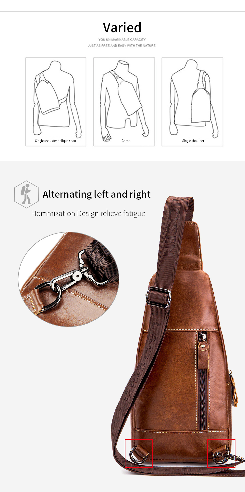 mens large capacity leather chest bag head layer cowhide chest bag retro casual style shoulder bag details 4