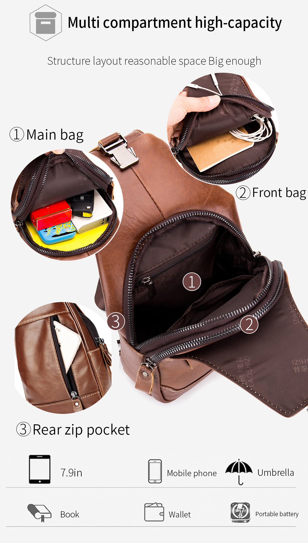 mens large capacity leather chest bag head layer cowhide chest bag retro casual style shoulder bag details 5