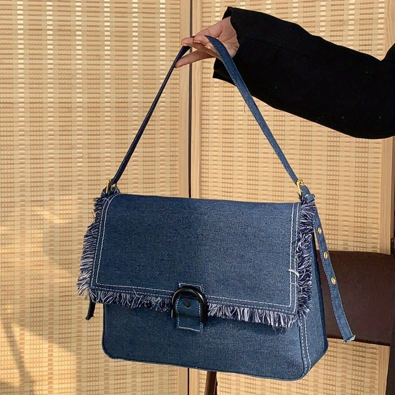 trendy large capacity shoulder bag solid color tassel flap underarm bag perfect commuter bag for daily use details 2