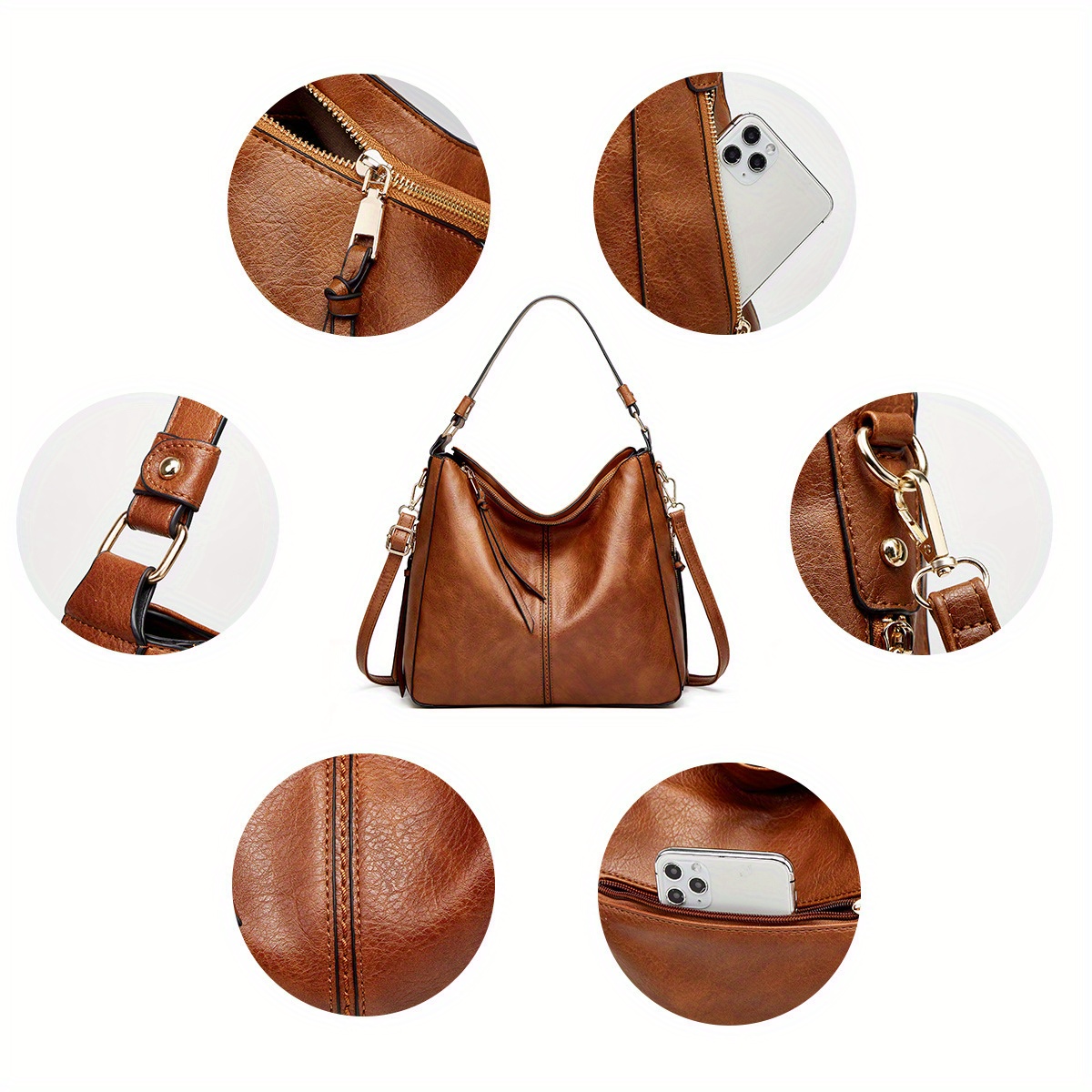 3-piece Minimalist PU Leather Handbag & Purses Set, Tassel Decor Zipper Shoulder Bag, Coin Purse Phone Holder Crossbody Bag With Clutch Purse details 1