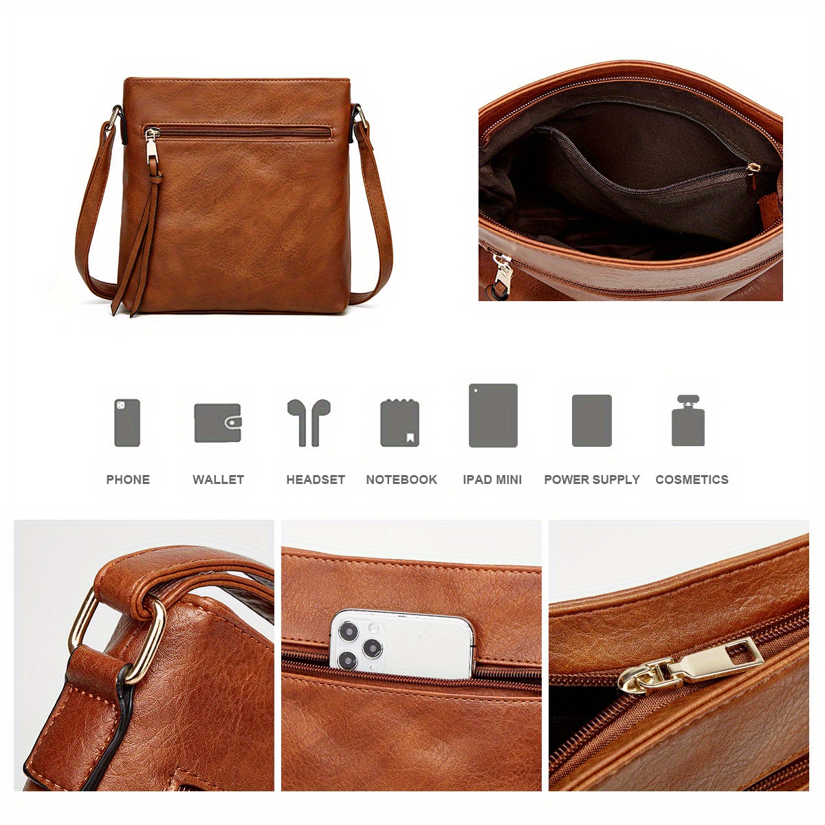 3-piece Minimalist PU Leather Handbag & Purses Set, Tassel Decor Zipper Shoulder Bag, Coin Purse Phone Holder Crossbody Bag With Clutch Purse details 2