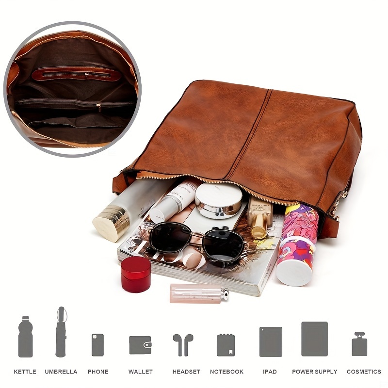 3-piece Minimalist PU Leather Handbag & Purses Set, Tassel Decor Zipper Shoulder Bag, Coin Purse Phone Holder Crossbody Bag With Clutch Purse details 3