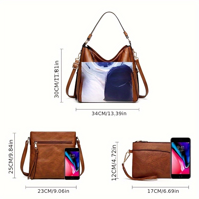 3-piece Minimalist PU Leather Handbag & Purses Set, Tassel Decor Zipper Shoulder Bag, Coin Purse Phone Holder Crossbody Bag With Clutch Purse details 5
